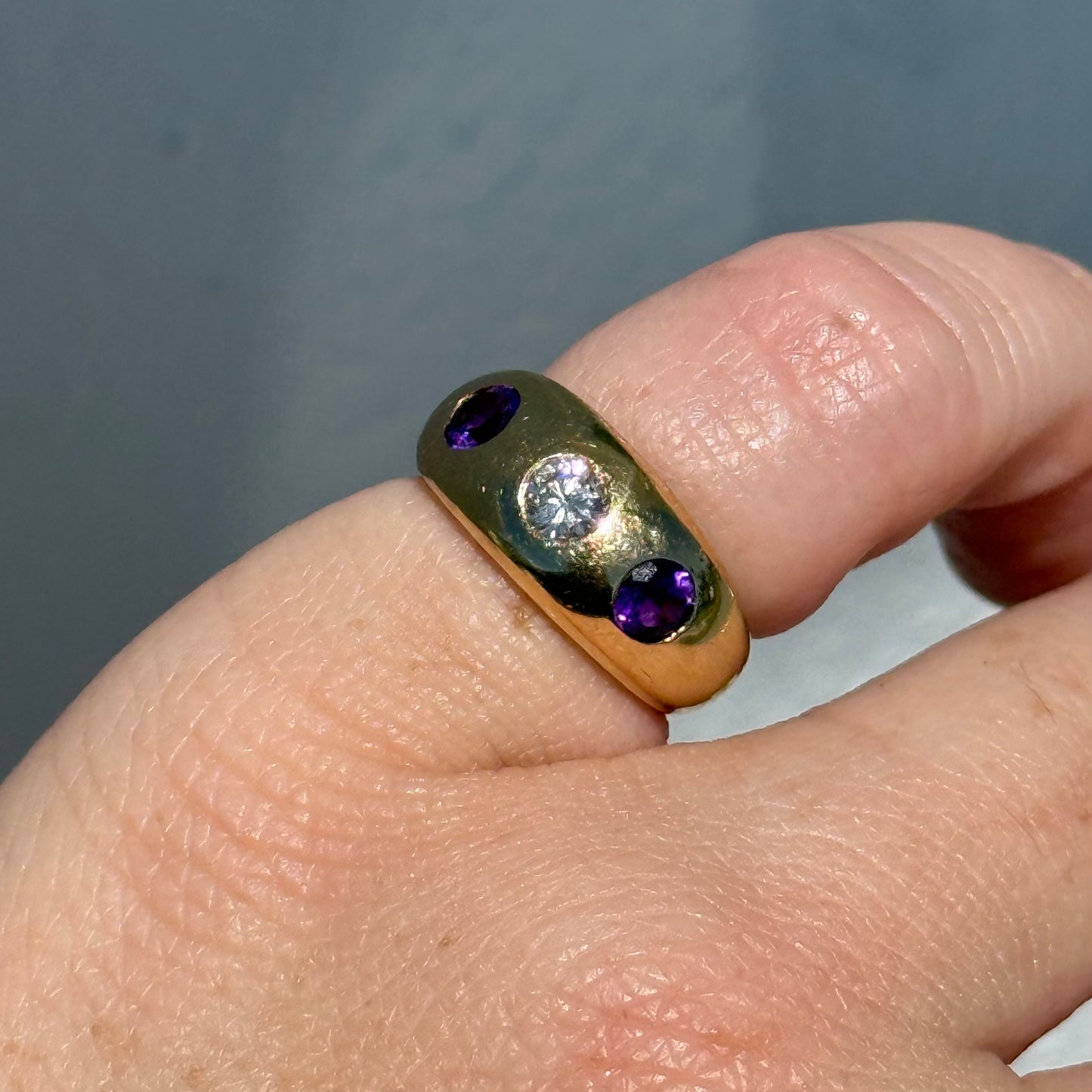 Art Deco Solid 14k Yellow Gold .75ctw Natural Old Euro Cut Diamond & Amethyst Trilogy Gypsy Ring (4.25)