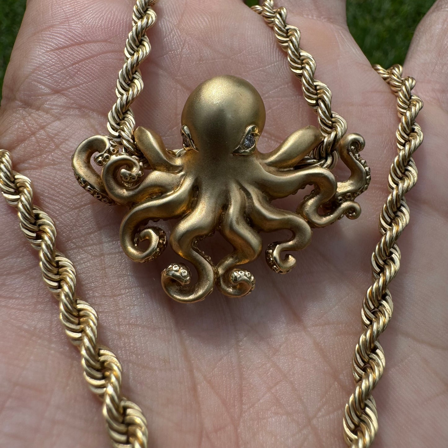 Designer Made Solid 14k Matte Yellow Gold Heavy Lifelike Octopus Pendant