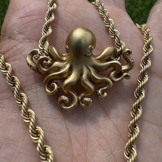 Designer Made Solid 14k Matte Yellow Gold Heavy Lifelike Octopus Pendant