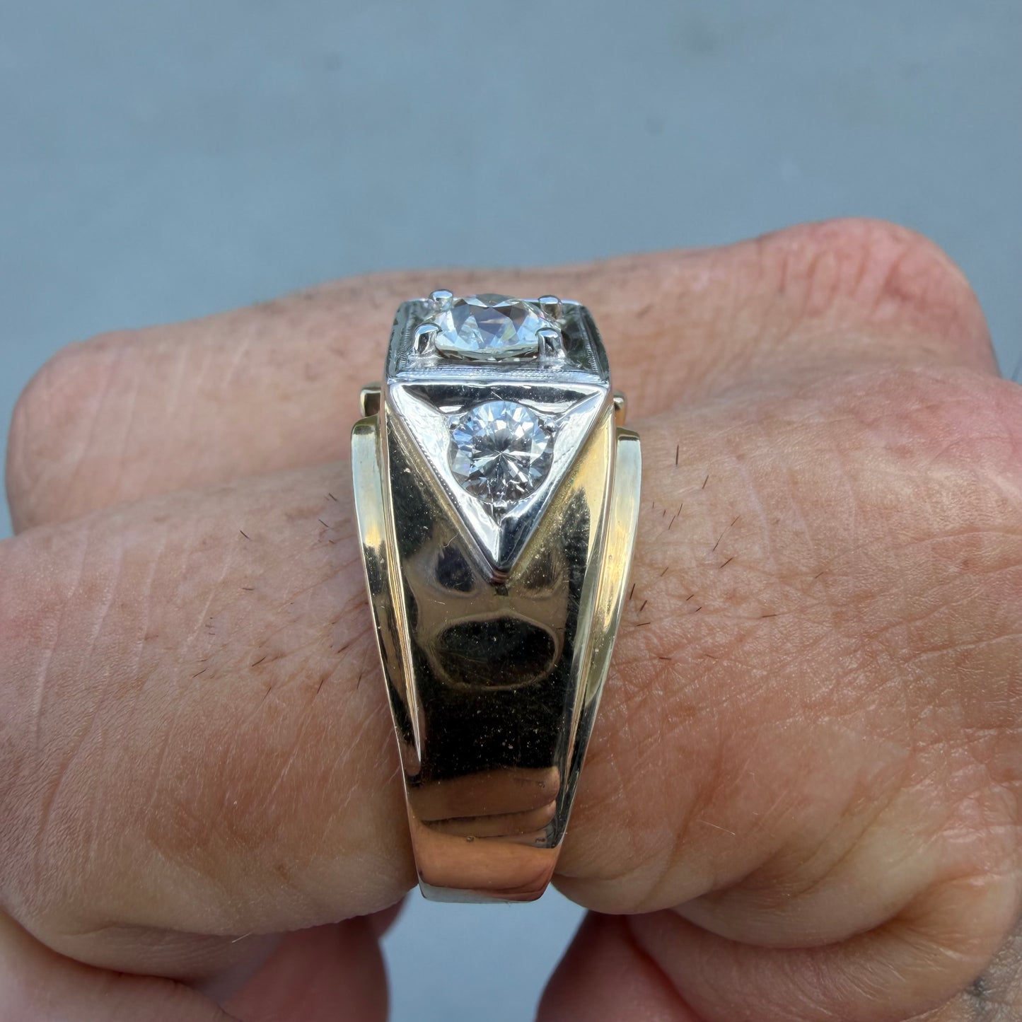 Art Deco Solid 14k Yellow Gold 1.7ctw Natural Old Euro Cut Diamond Trilogy Ring (14)