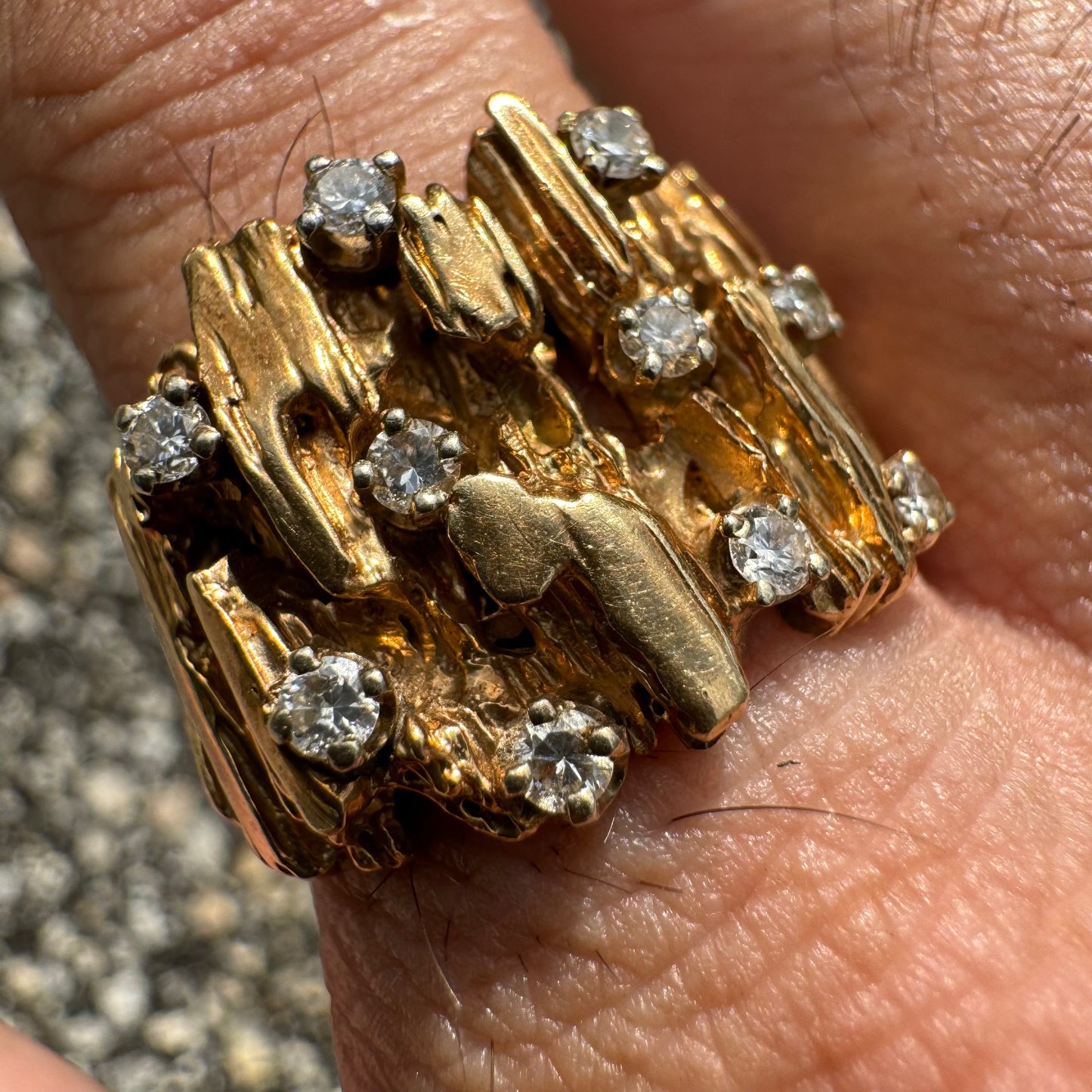 Vintage Solid 14k Yellow Gold Designer Made Heavyweight .50CTW Natural Diamond Cluster Brutalist Ring (10.5)