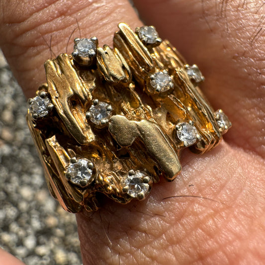 Vintage Solid 14k Yellow Gold Designer Made Heavyweight .50CTW Natural Diamond Cluster Brutalist Ring (10.5)
