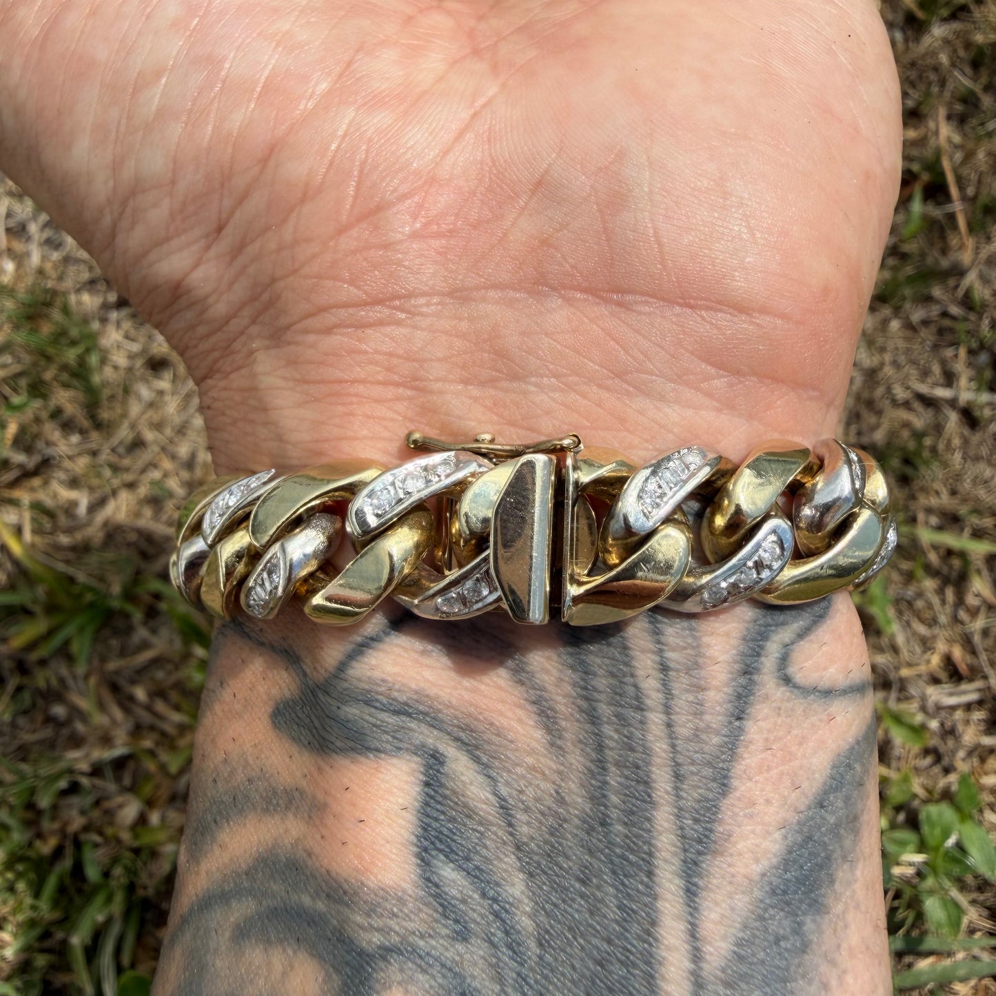 Vintage Solid 14k Two-Tone Yellow & White Gold Super Heavyweight 2.0ctw Natural Diamond Encrusted Cuban Link Bracelet (8”)