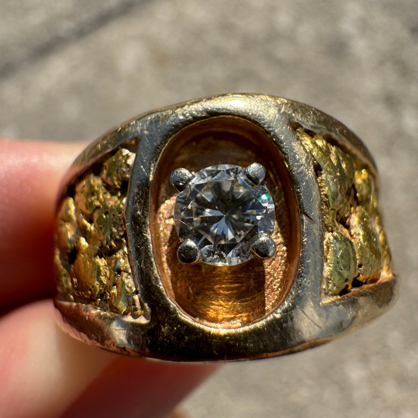 Vintage 14k Yellow Gold Raw 24k Nugget Inlaid .50Ct Natural Diamond Ring (11.5)