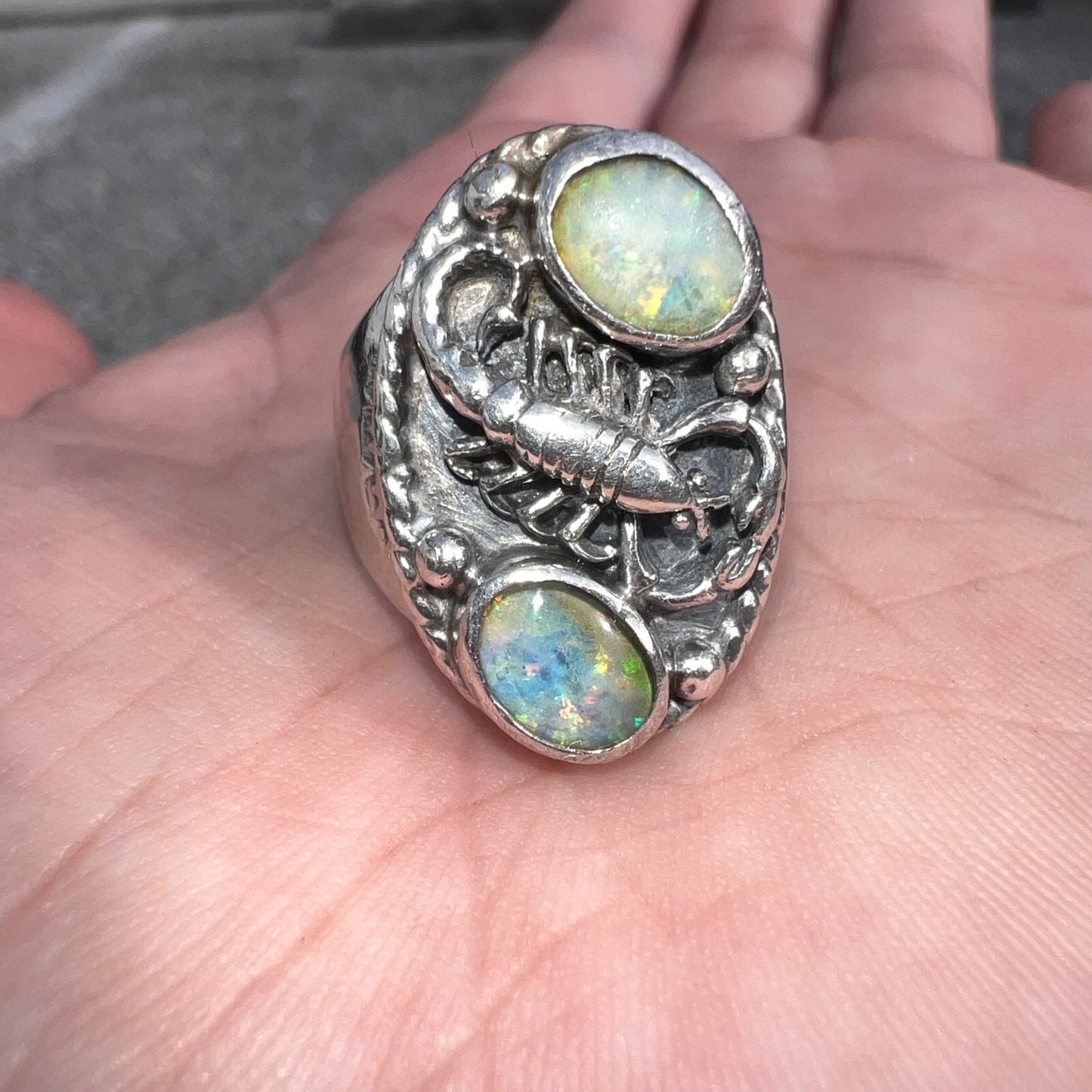 Circa 1960’s Solid Backed Sterling Silver Scorpion And Opal Southwestern Signet Ring (9.5)