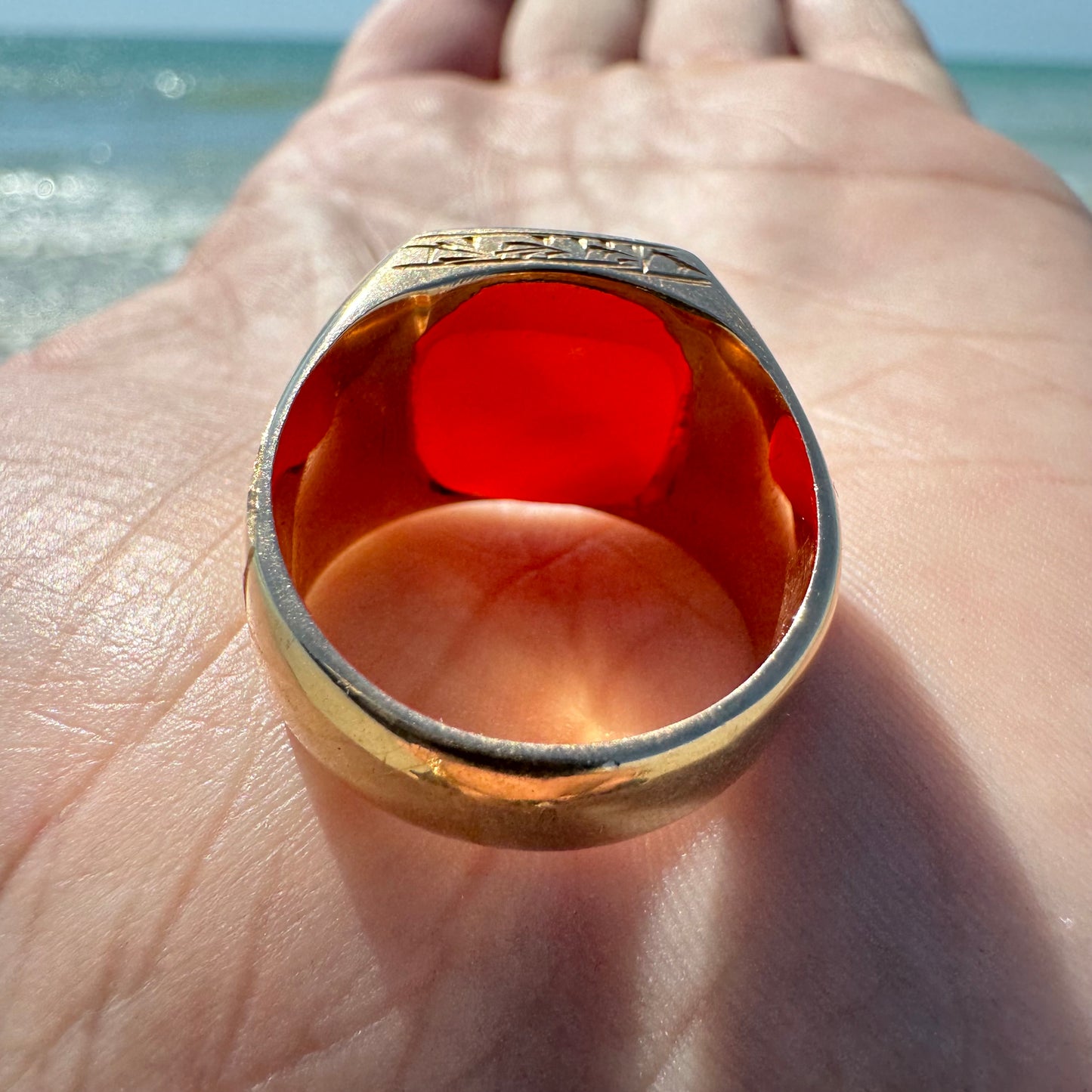 1800’s Victorian 14k Yellow Gold Carnelian Intaglio “Dispatch” Pigeon Post Signet Ring (7-7.5)