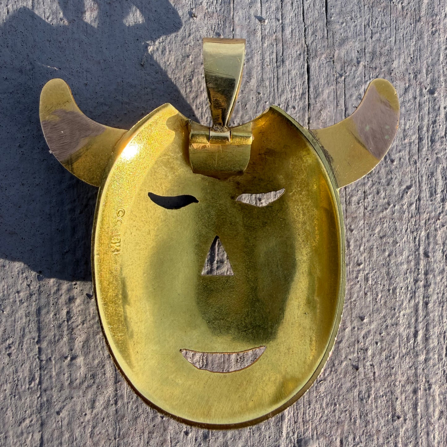 Mid-Century Solid 18k Gold Large Mexican Folkart Diablo Mask Pendant