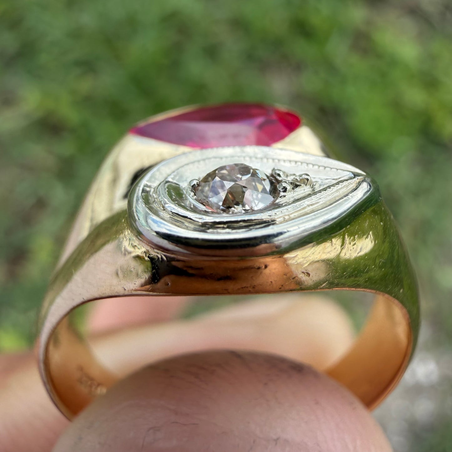 Vintage Solid 14k Yellow Gold Natural Old Euro Cut Diamond Pink Spinel Tony Soprano Pinky Ring (10)