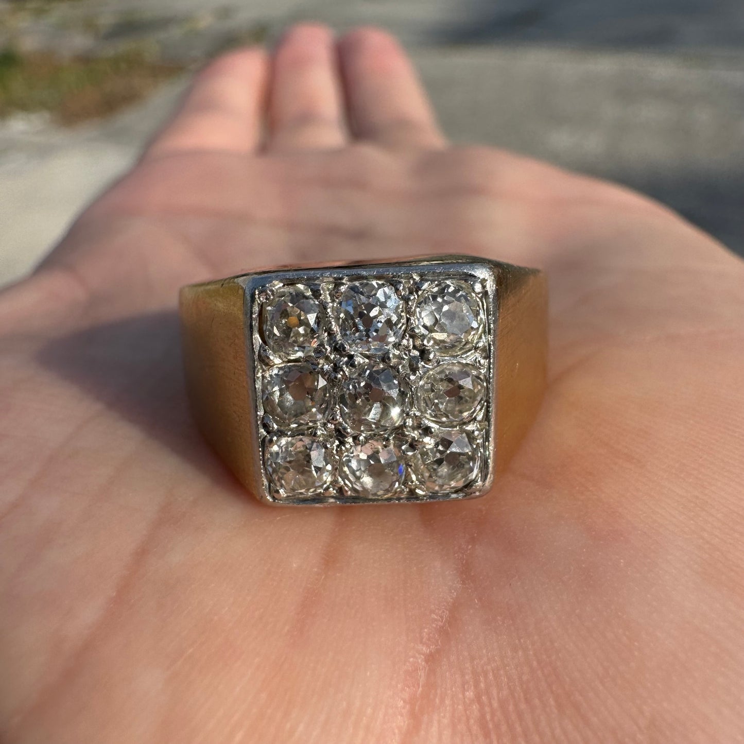 Antique 18k Yellow Gold 1.35ctw Natural Old Mine Cut Diamond Cluster Gents Ring (10.75)