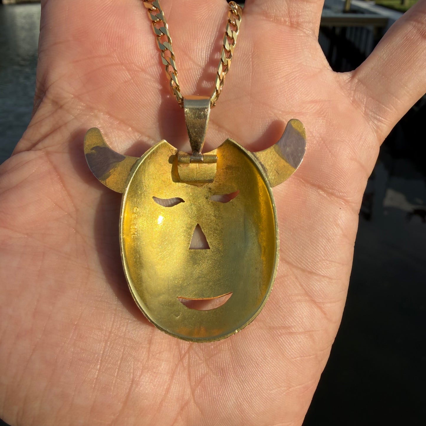 Mid-Century Solid 18k Gold Large Mexican Folkart Diablo Mask Pendant