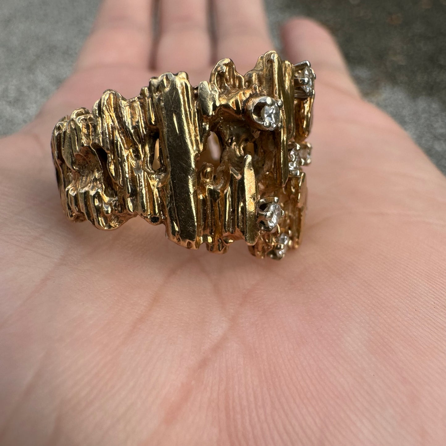 Vintage Solid 14k Yellow Gold Designer Made Heavyweight .50CTW Natural Diamond Cluster Brutalist Ring (10.5)