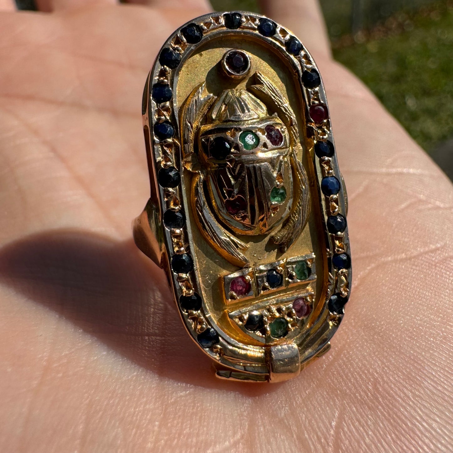 1960’s 18k Yellow Gold Egyptian Hallmarked Gemstone Encrusted Scarab Ring (5.75)