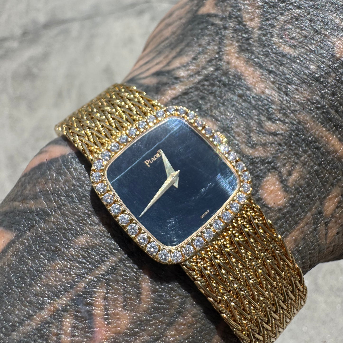 Late 1970’s/Early 1980’s Piaget Solid 18k Yellow Gold Factory Diamond Bezel Falcons Eye Stone Dial 9908 D11 Watch (7.5”)