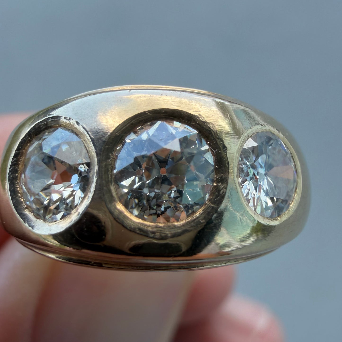 Art Deco Solid 14k Yellow Gold 1.20ctw Natural Old Cut Diamond Gypsy Trilogy Ring (6.5)