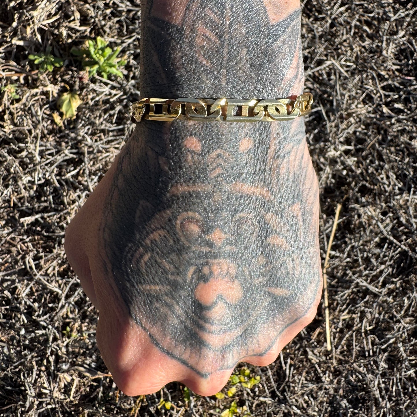 Vintage Solid 14k Yellow Italian Gold Heavyweight Intricate Tigers Eye Link Bracelet (8”)
