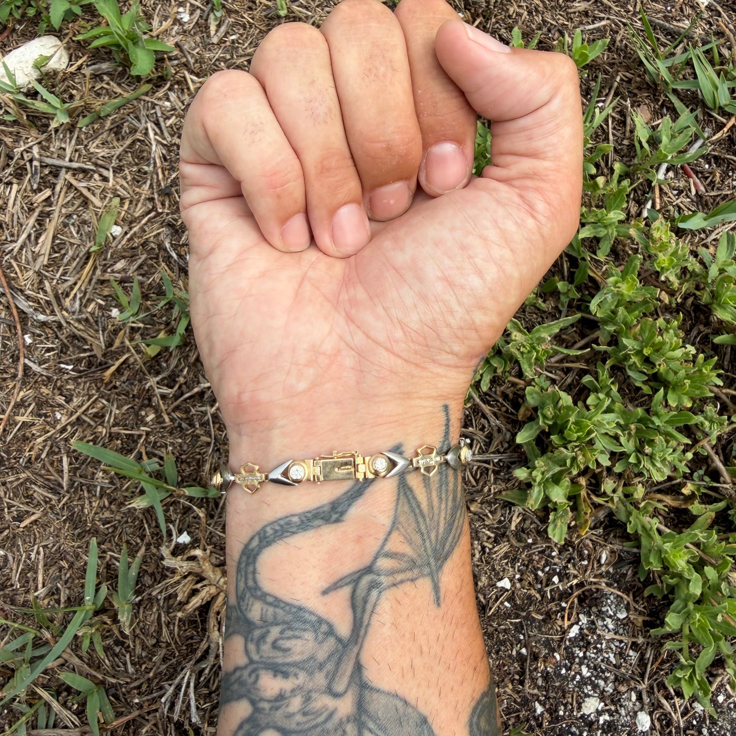 Vintage Solid 14k Yellow Gold .950 Platinum 1.25ctw Natural Diamond Harley-Davidson Bracelet (7”)