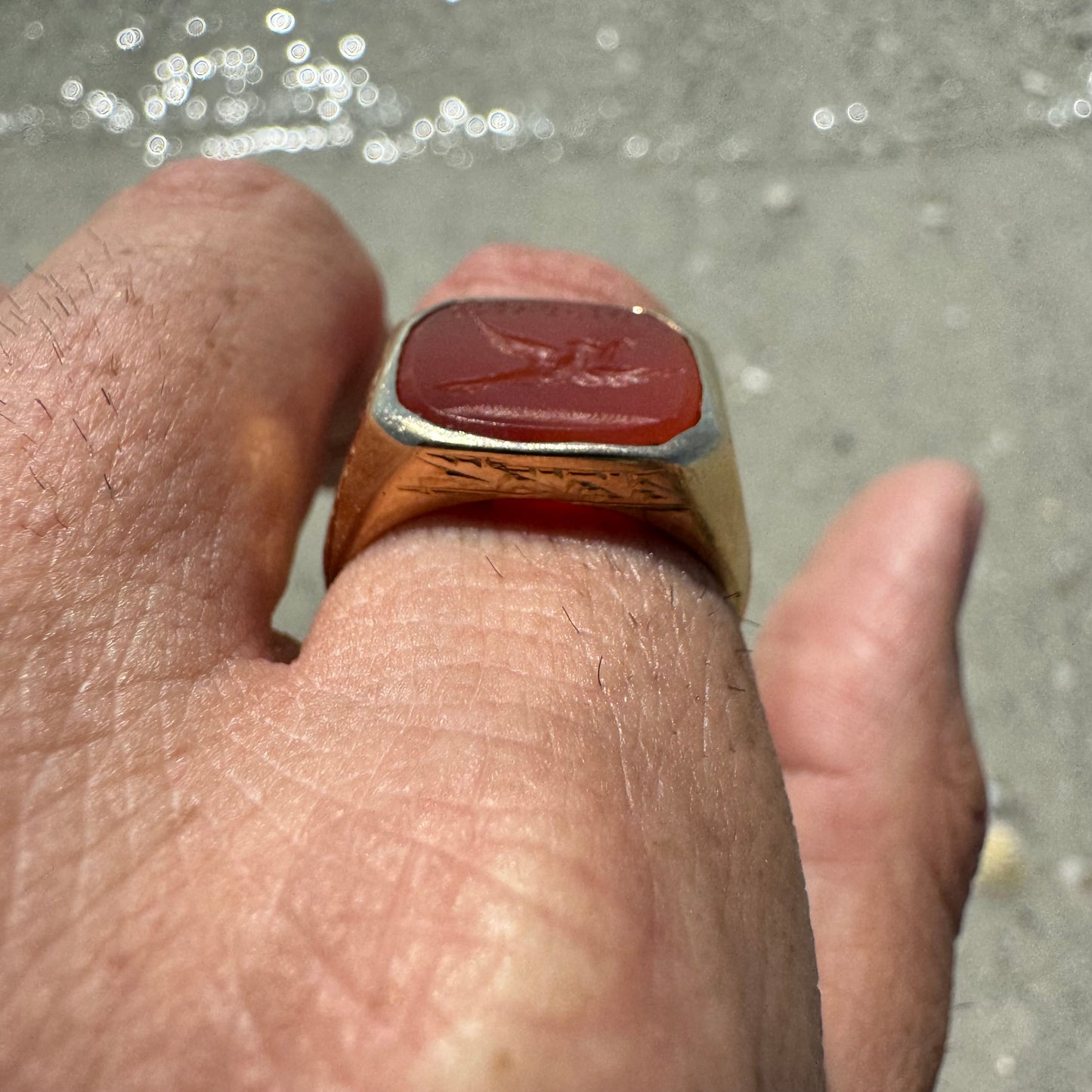 1800’s Victorian 14k Yellow Gold Carnelian Intaglio “Dispatch” Pigeon Post Signet Ring (7-7.5)