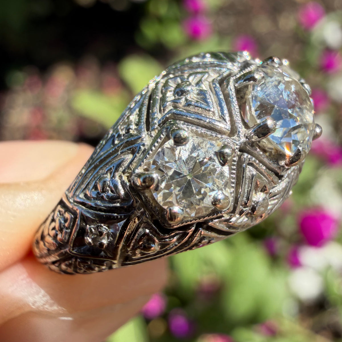 Art Deco Solid Platinum 1.0ctw Natural Old Euro Cut Diamond Trilogy Dome Ring (6.5)