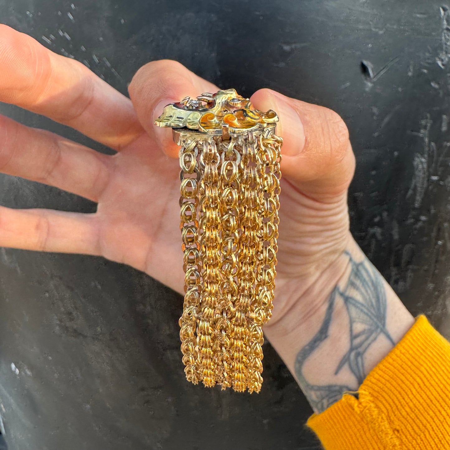 Art Nouveau Solid 14k Yellow Gold Natural Old Mine Cut Diamond Enameled Tiger Bracelet (6.25”)