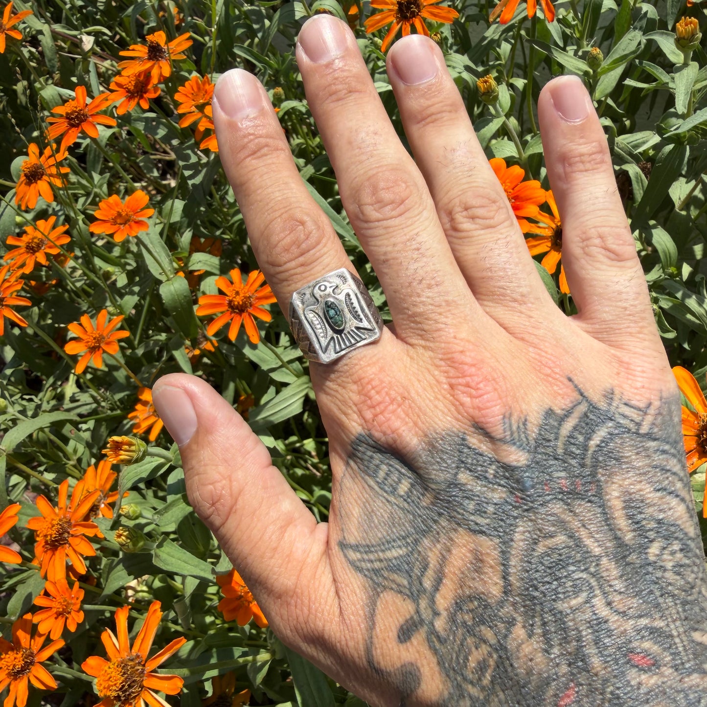 1930’s/40’s Sterling Silver Turquoise Thunderbird Signet Ring (8.75)
