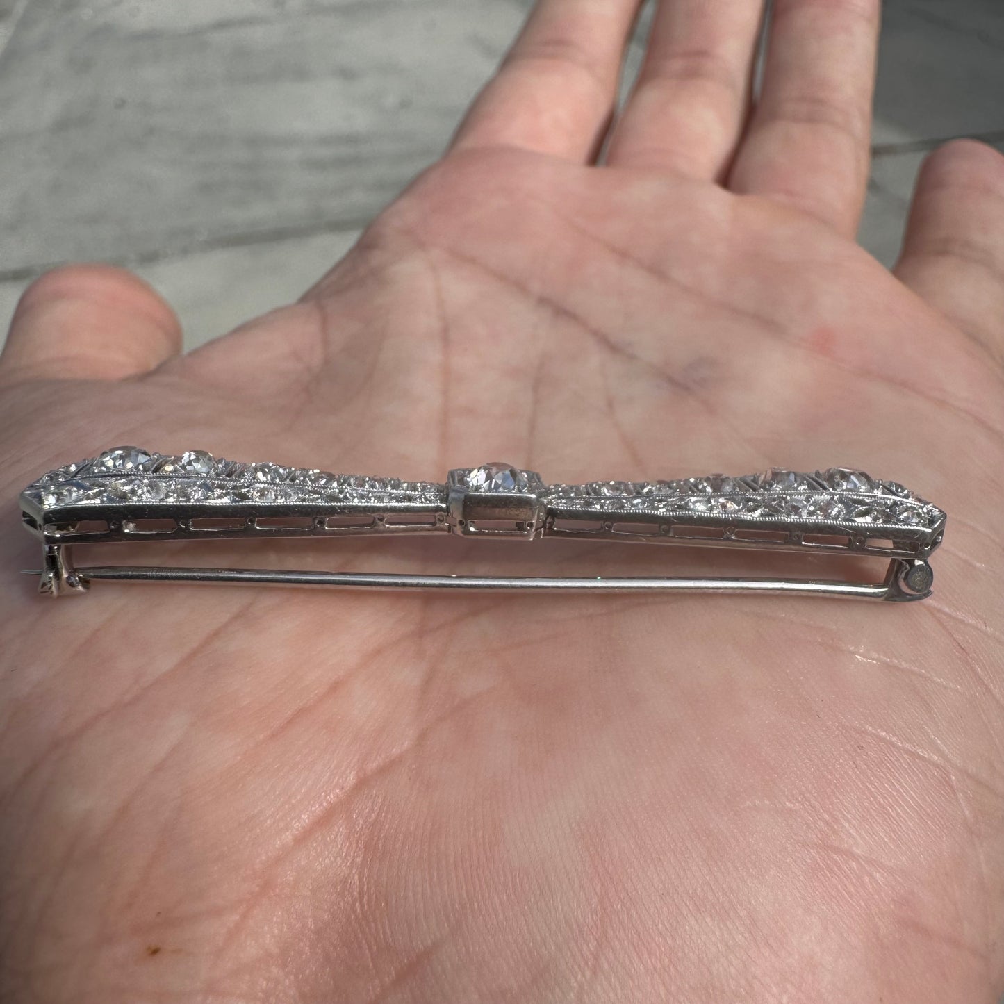 Victorian Solid Platinum 4.25ctw Natural Old Mine Cut Diamond Brooch