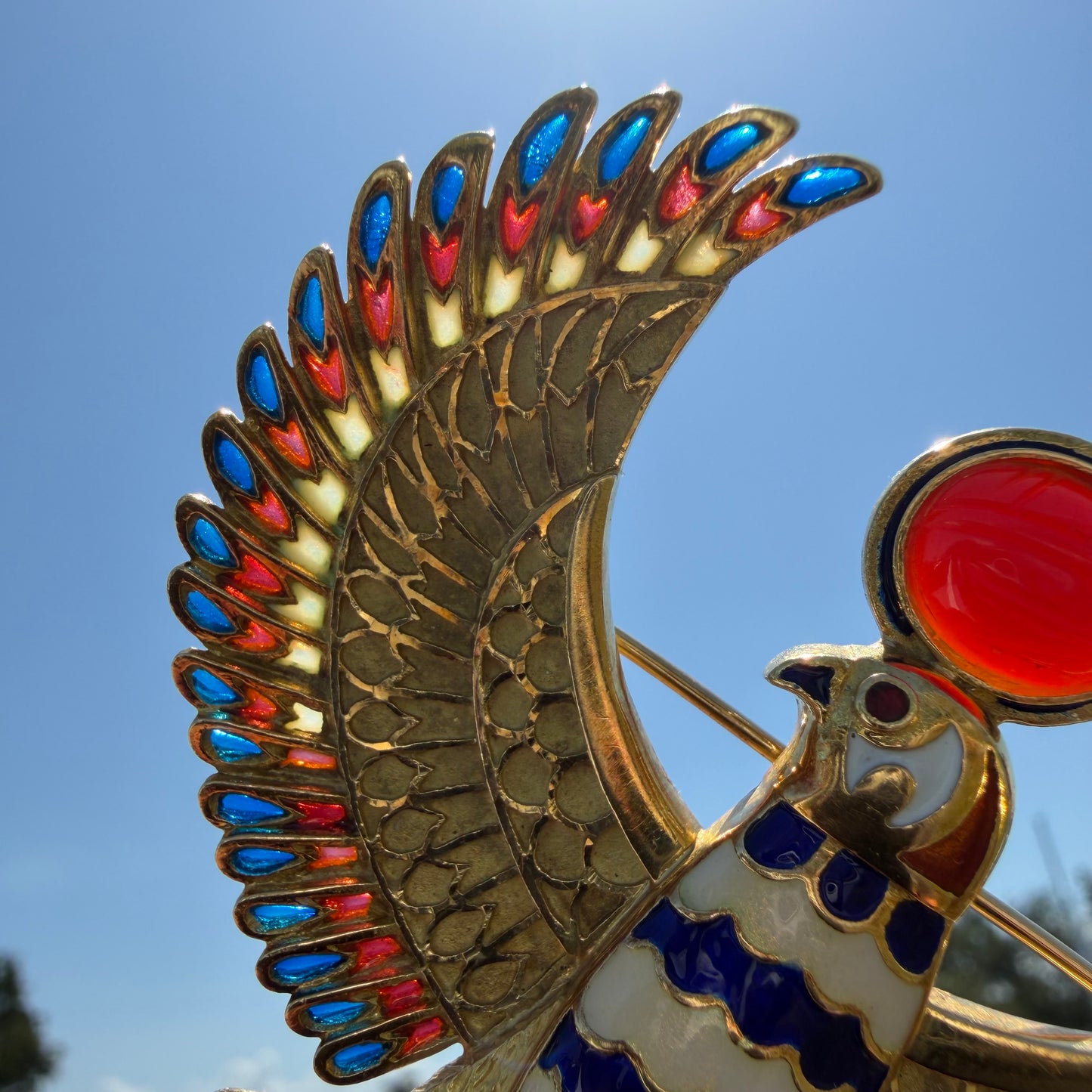 Vintage Solid 18k Yellow Gold Plique-à-Jour Large Egyptian Revival Horus Falcon Pendant/Brooch