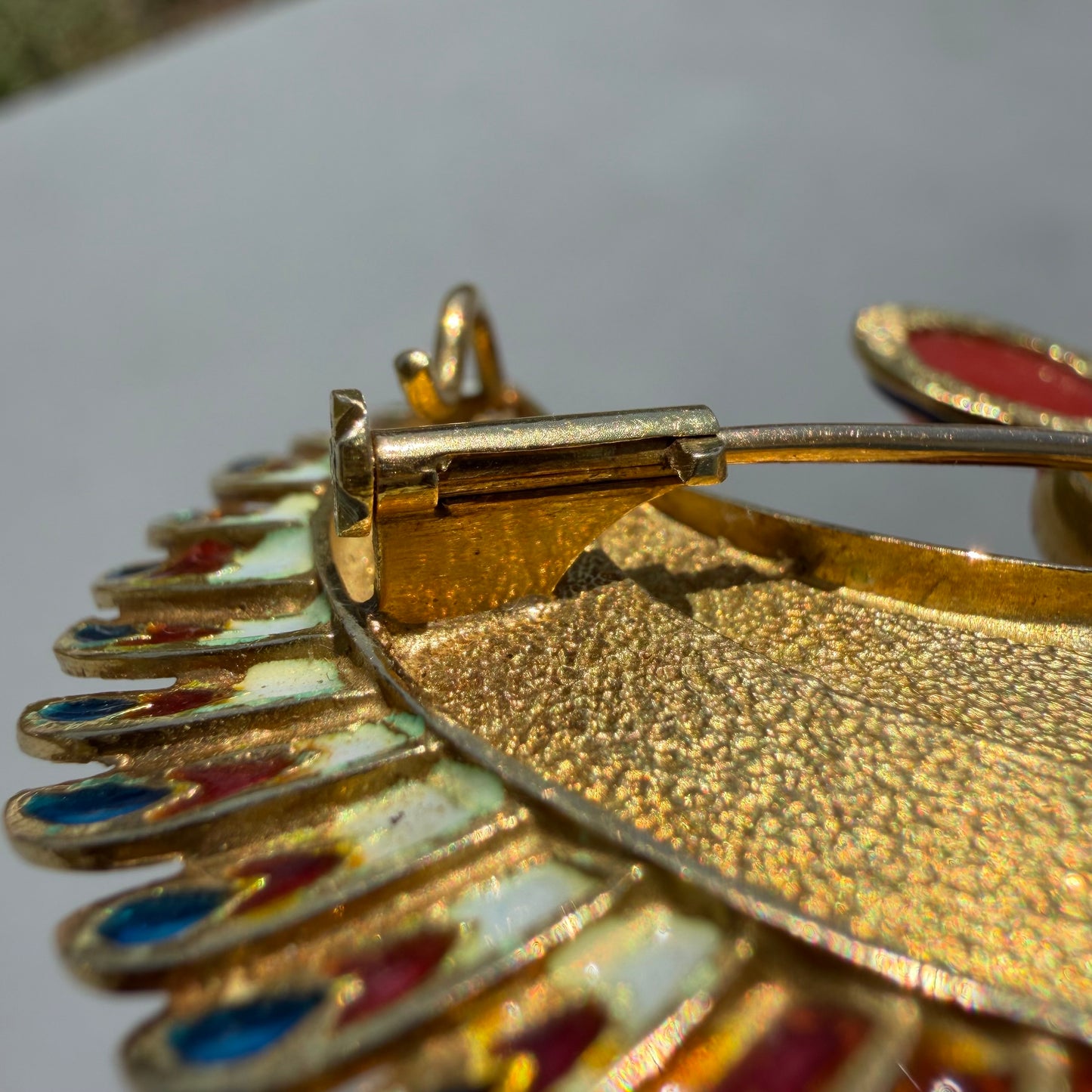 Vintage Solid 18k Yellow Gold Plique-à-Jour Large Egyptian Revival Horus Falcon Pendant/Brooch