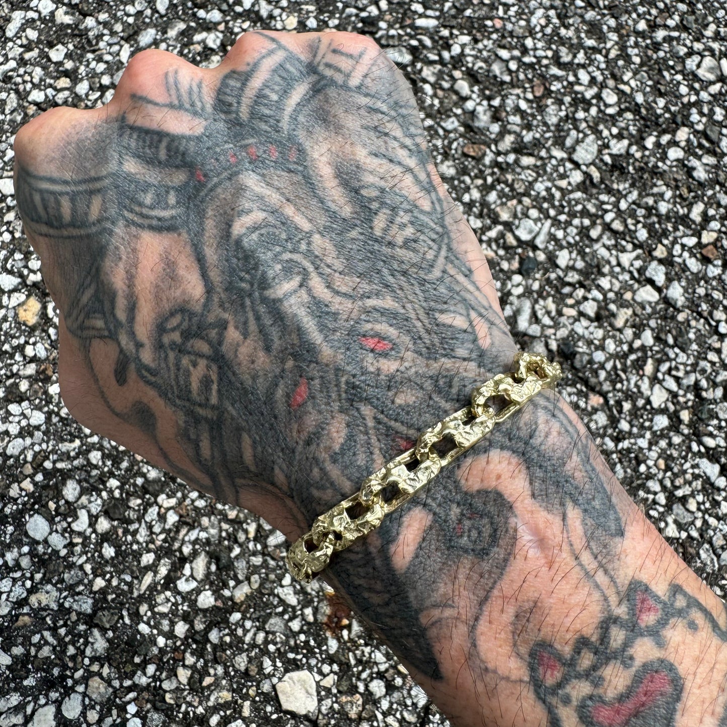 Vintage Solid 14k Yellow Gold Heavyweight Nugget Mariner Link Bracelet (9”)
