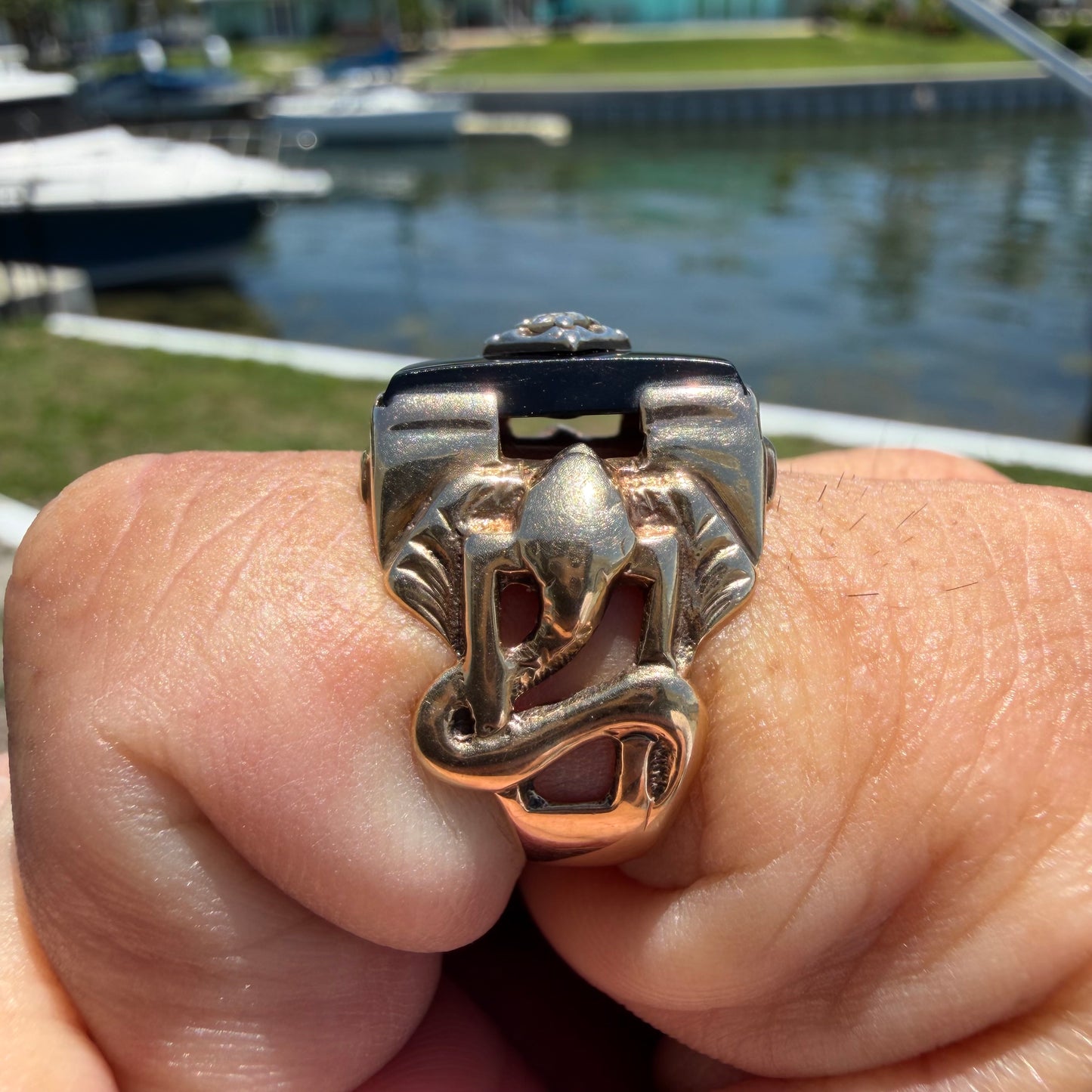 1940’s Solid 10k Yellow Gold Black Onyx Natural Diamond Solitaire Double Snake Signet Ring (9)