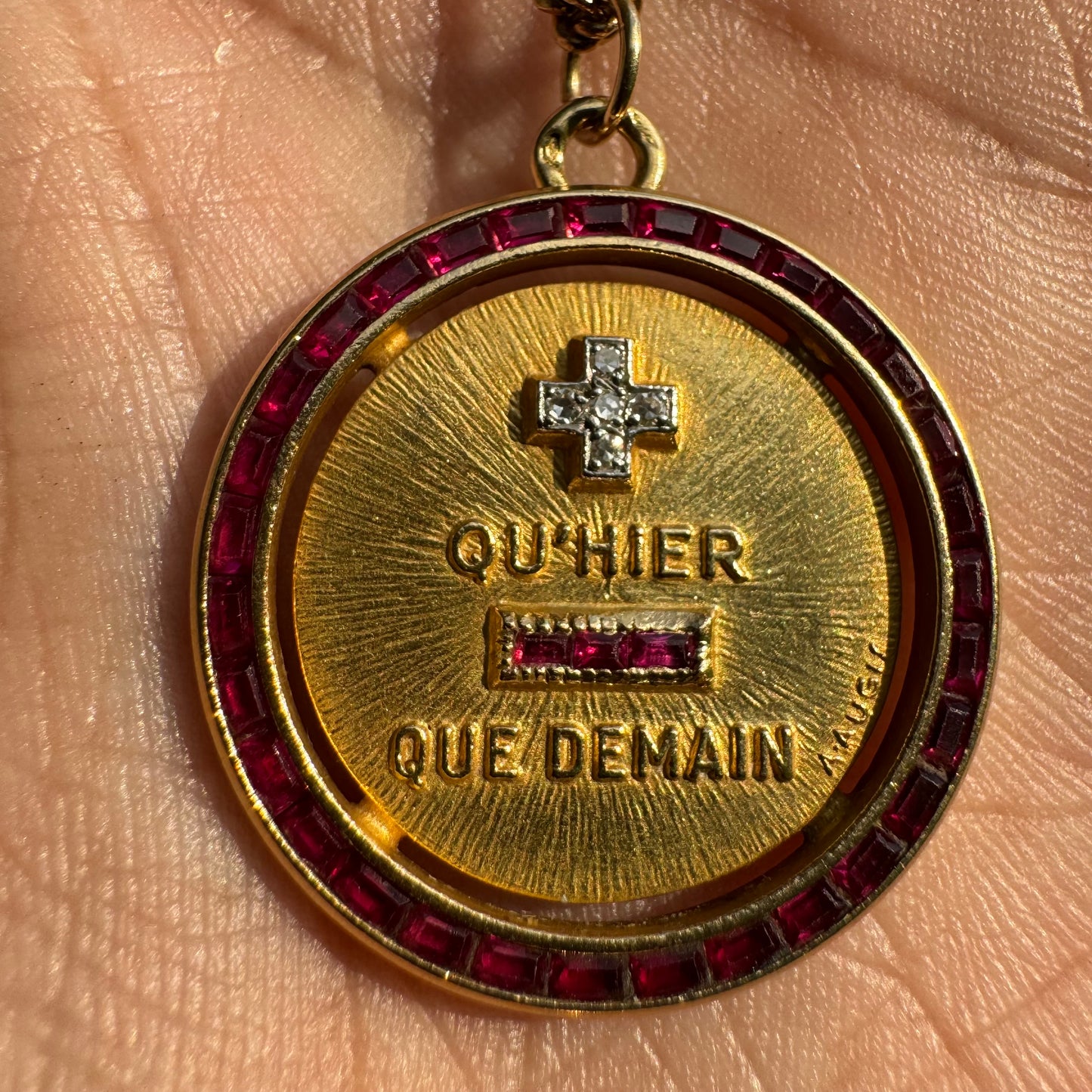 Mid-Century French 18k Yellow Gold Natural Diamond And Ruby A.Augis Love Poem Medallion (27MM)