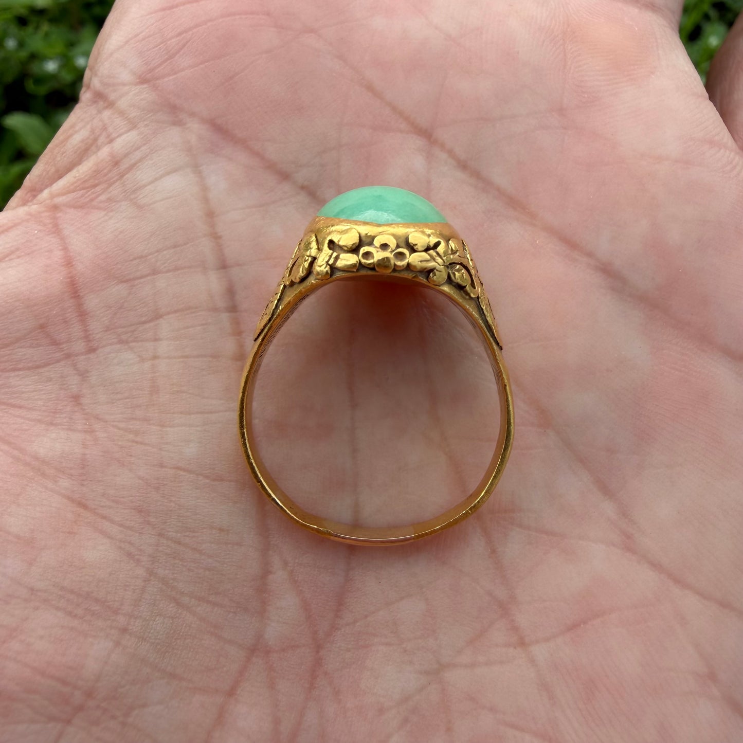 Antique Chinese Traditional 24k Yellow Gold 5.0ct Green Apple Jadeite Fu Ring (10.25)
