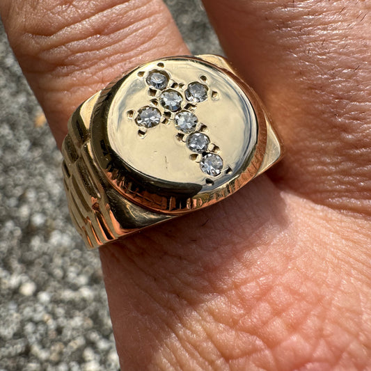 Vintage 14k Yellow Gold Starburst Set Natural Diamond Cross Rolex Style Signet Ring (13.5)