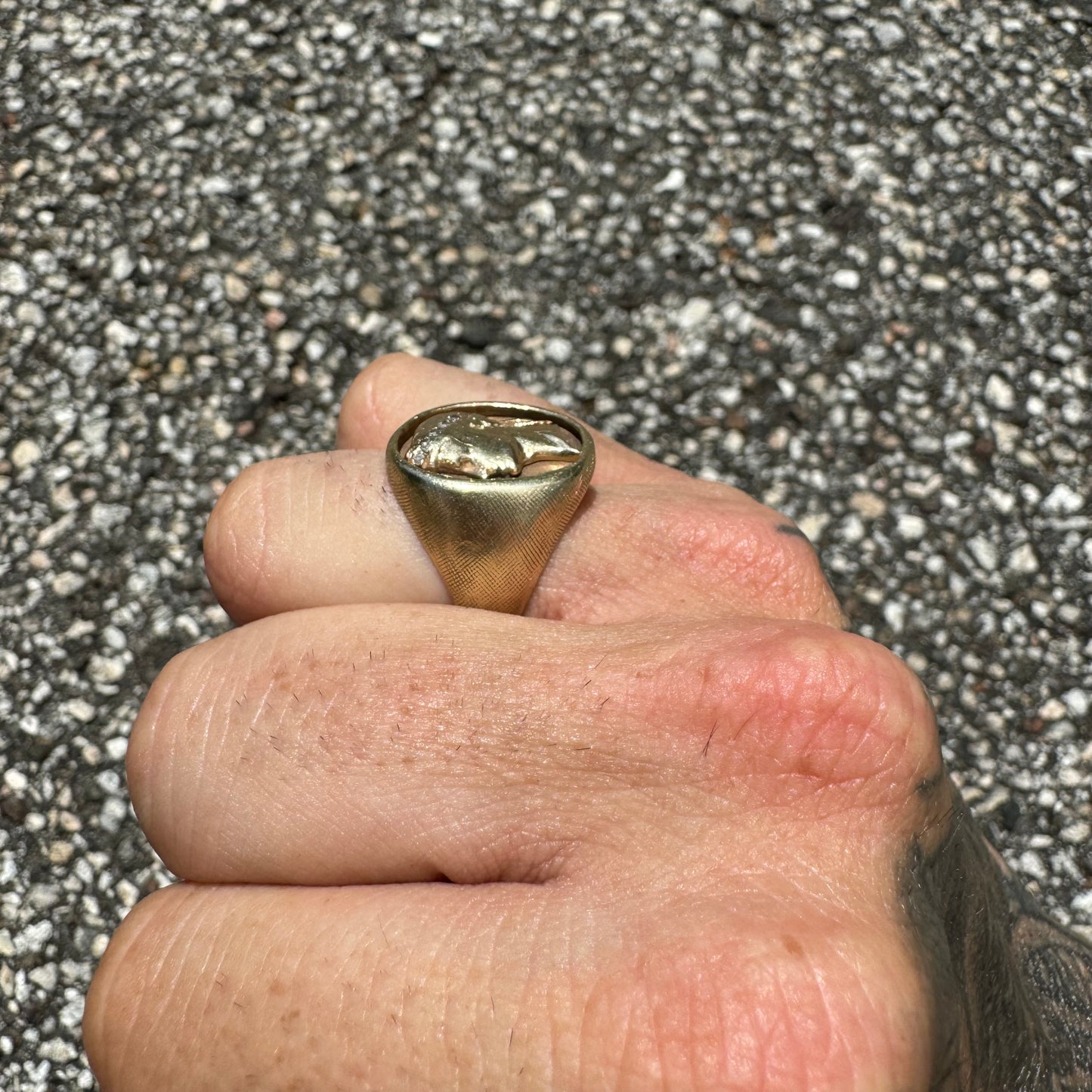 Mid-Century 14k Yellow Gold Natural Diamond Julius Caesar Mafioso Style Signet Ring (8.5)