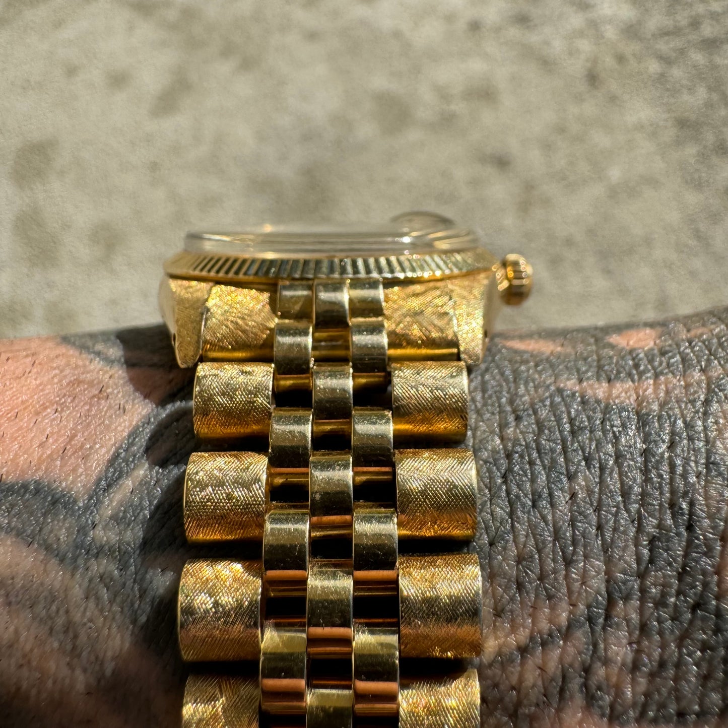 1966 Rolex Oyster Perpetual Date Ref. 1503 Florentine Finish 14k Gold (7.5”/34mm)