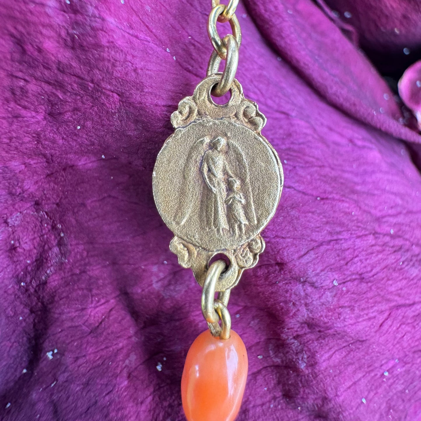Antique French Hallmarked 18k Yellow Gold Angel Skin Coral Rosary Necklace (23”)