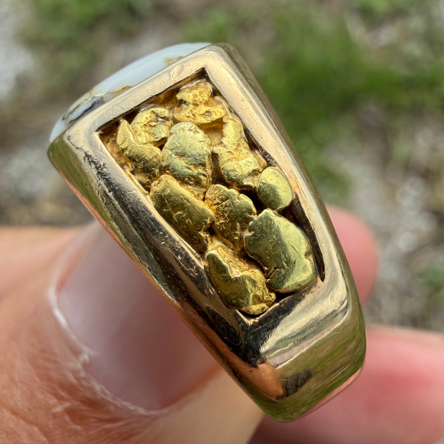 Vintage Solid 14k Yellow Gold Raw 22k Nugget Gold Bearing Quartz Signet Ring (10)