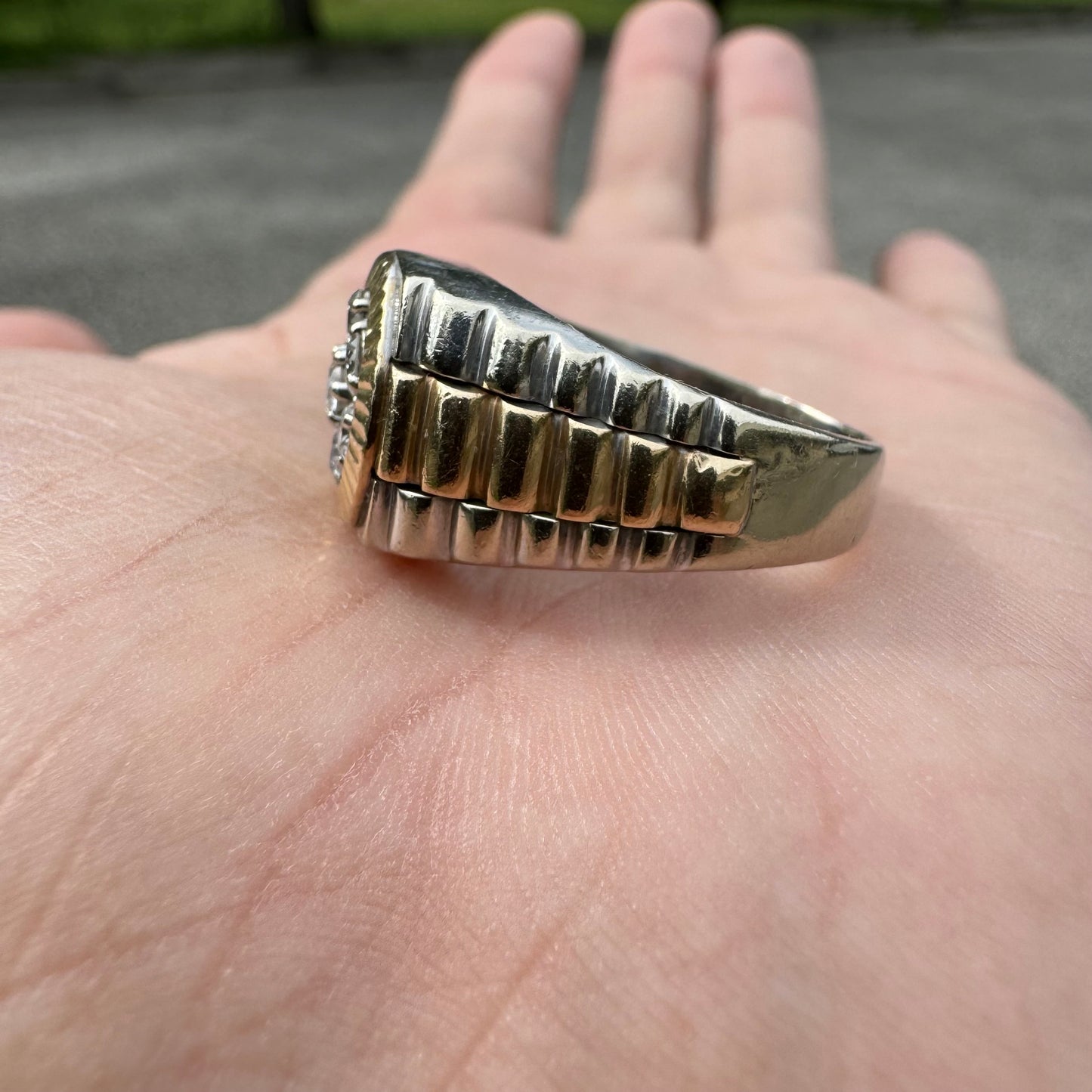 1980’s Two-Tone 14k Gold Natural Diamond Kentucky Cluster Rolex Style Ring (9.5)