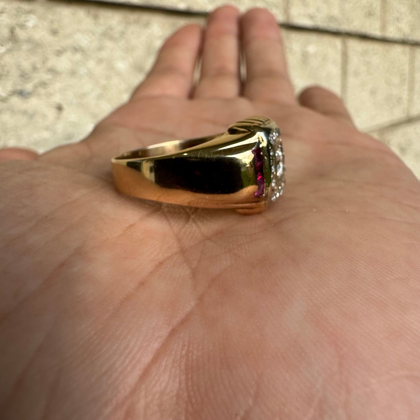 Mid Century Natural VS Quality Diamond And Ruby Mafioso Gents Ring (10.5)