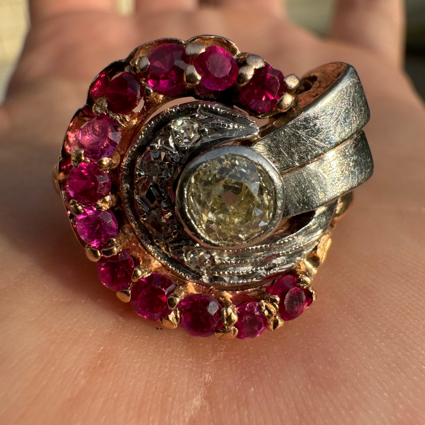 Retro 1940’s 14k Gold .50ct Natural Euro Cut Diamond .60ctw Ruby Tank Ring (9)
