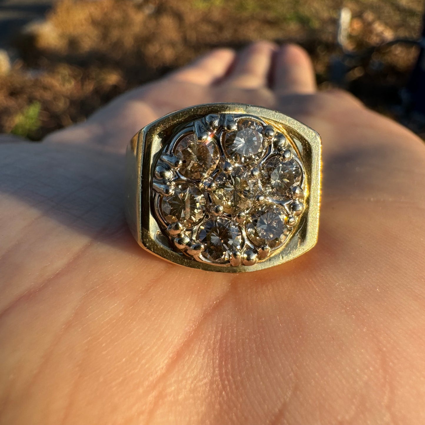 1970’s 14k Yellow Gold 1.75ctw Natural Diamond Kentucky Cluster Signet Ring (7)
