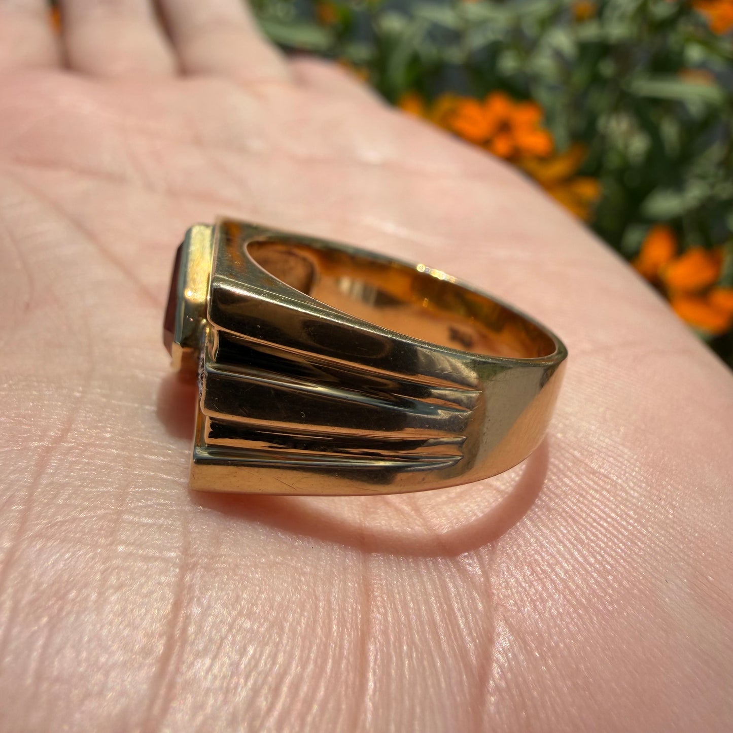 Vintage Solid 18k Yellow Gold Shield Cut Orange Sapphire And Diamond Signet Ring (8.25)