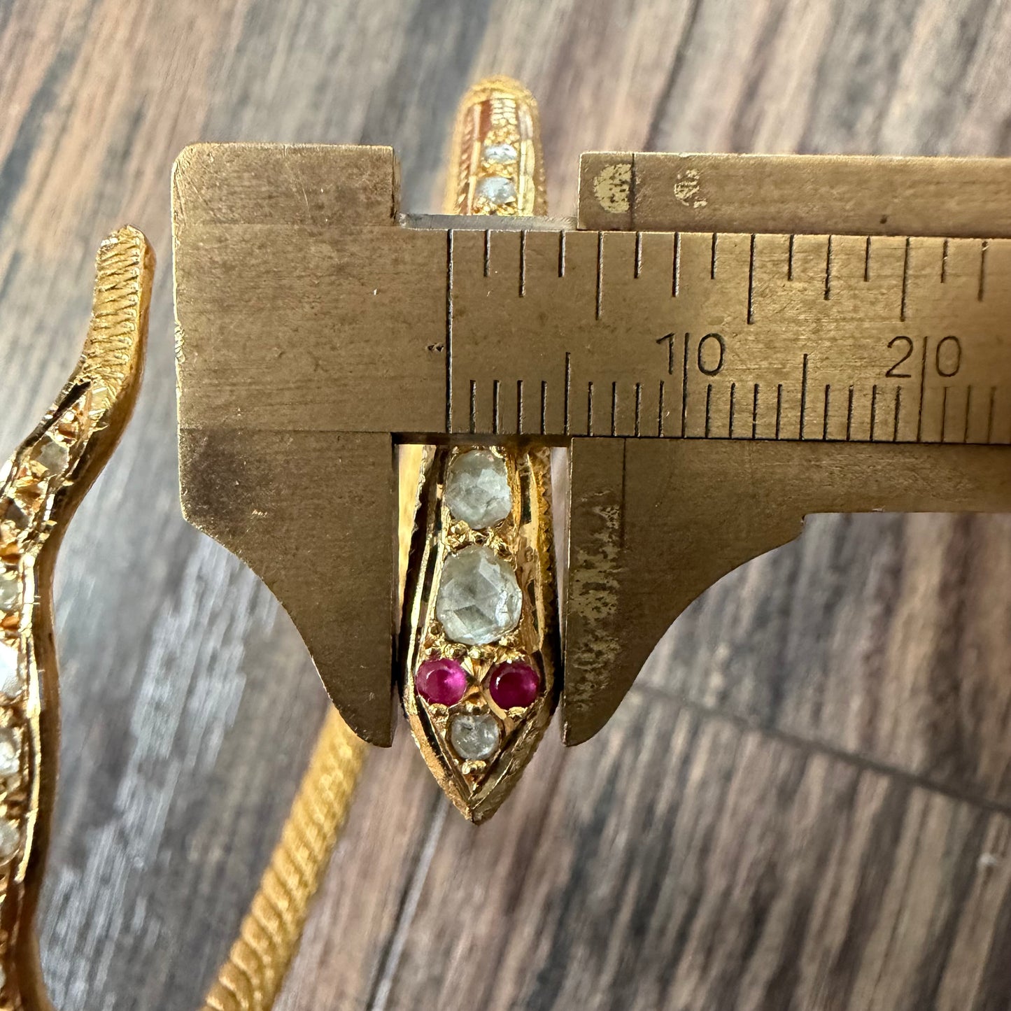 Antique Egyptian Solid 22.5k Yellow Gold Natural Rose Cut Diamond And Ruby Snake Bangle Bracelet (6.5”-8”)