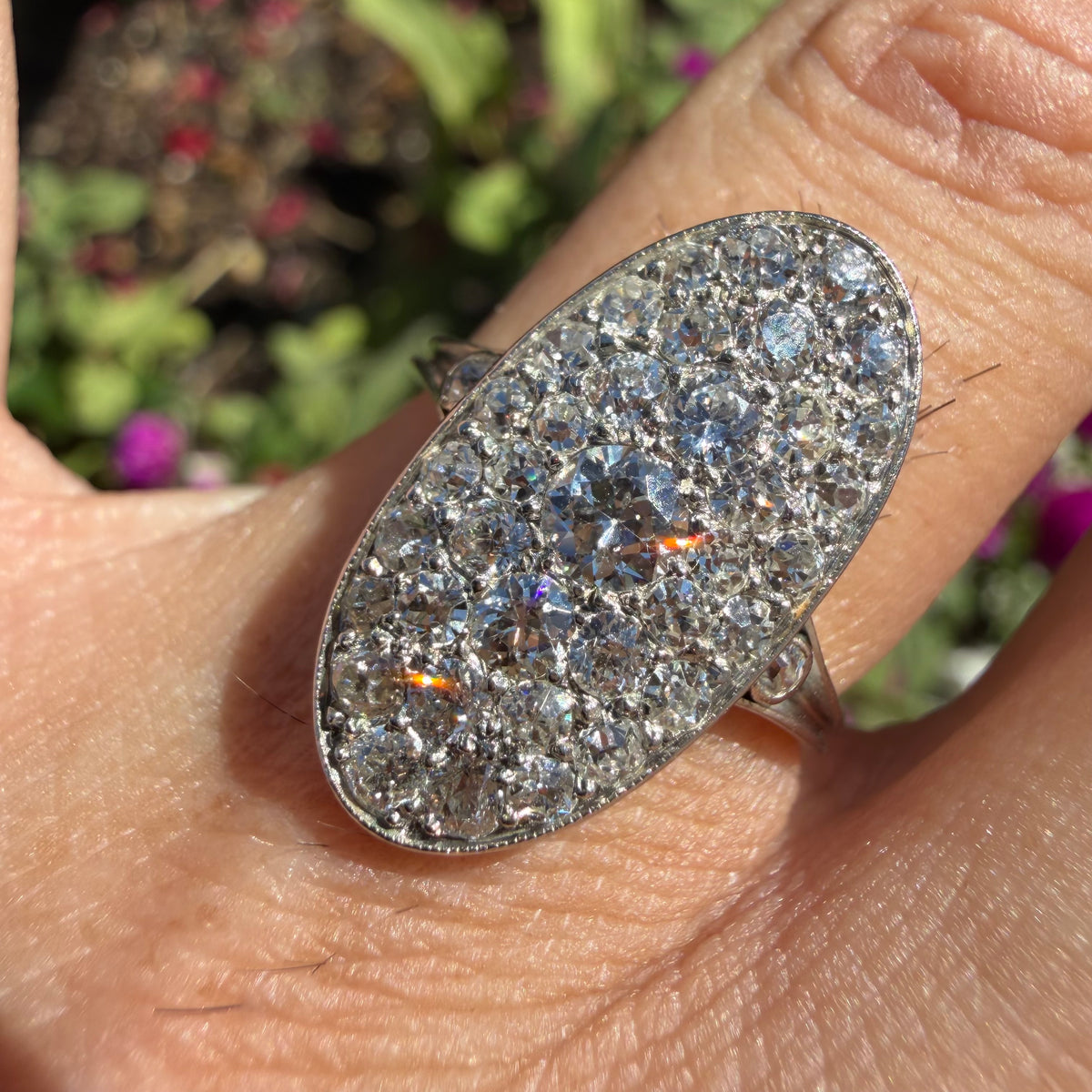 Victorian Solid Platinum 2.25ctw Natural Old Mine Cut Diamond Cluster Oval Navette Ring (7.5)