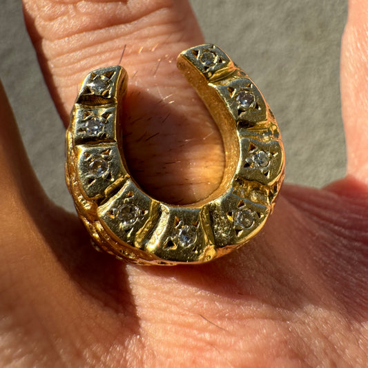 Vintage Solid 14k Yellow Gold Starburst Set Natural Diamond Horseshoe Nugget Ring (8.5)