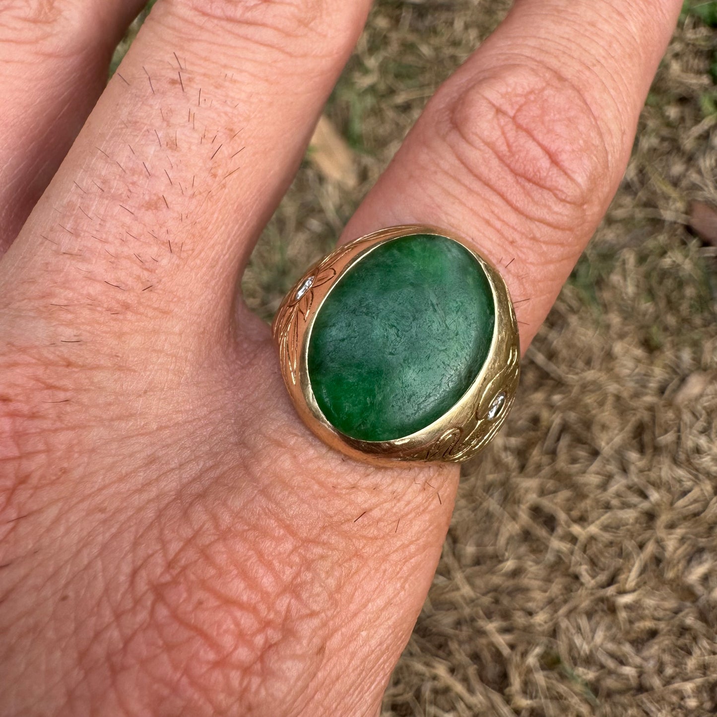 Art Deco Solid 14k Yellow Gold Jade & Diamond Dragon & Floral Carved Signet Ring By Larter And Sons (9.5)