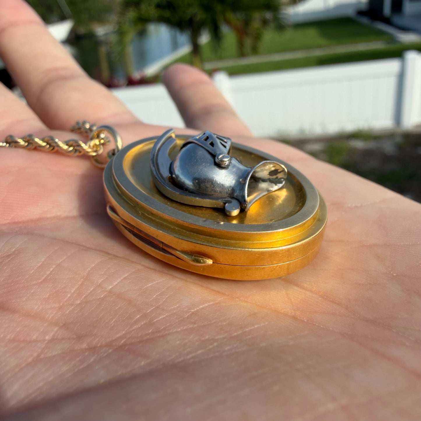 Victorian Solid 18k Yellow Gold/Platinum Large Medieval Burgonet Helmet Locket Pendant