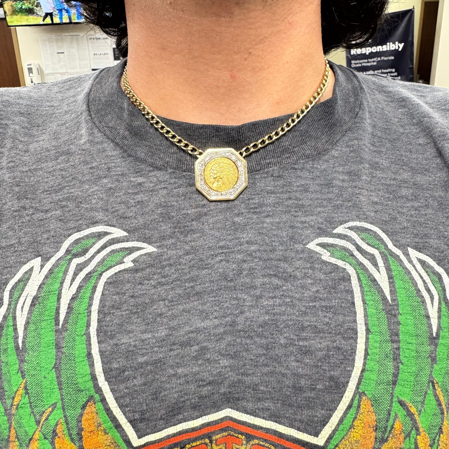 1908 $2.5 Gold Indian Head Coin Natural Diamond Curb Link Necklace (16”)
