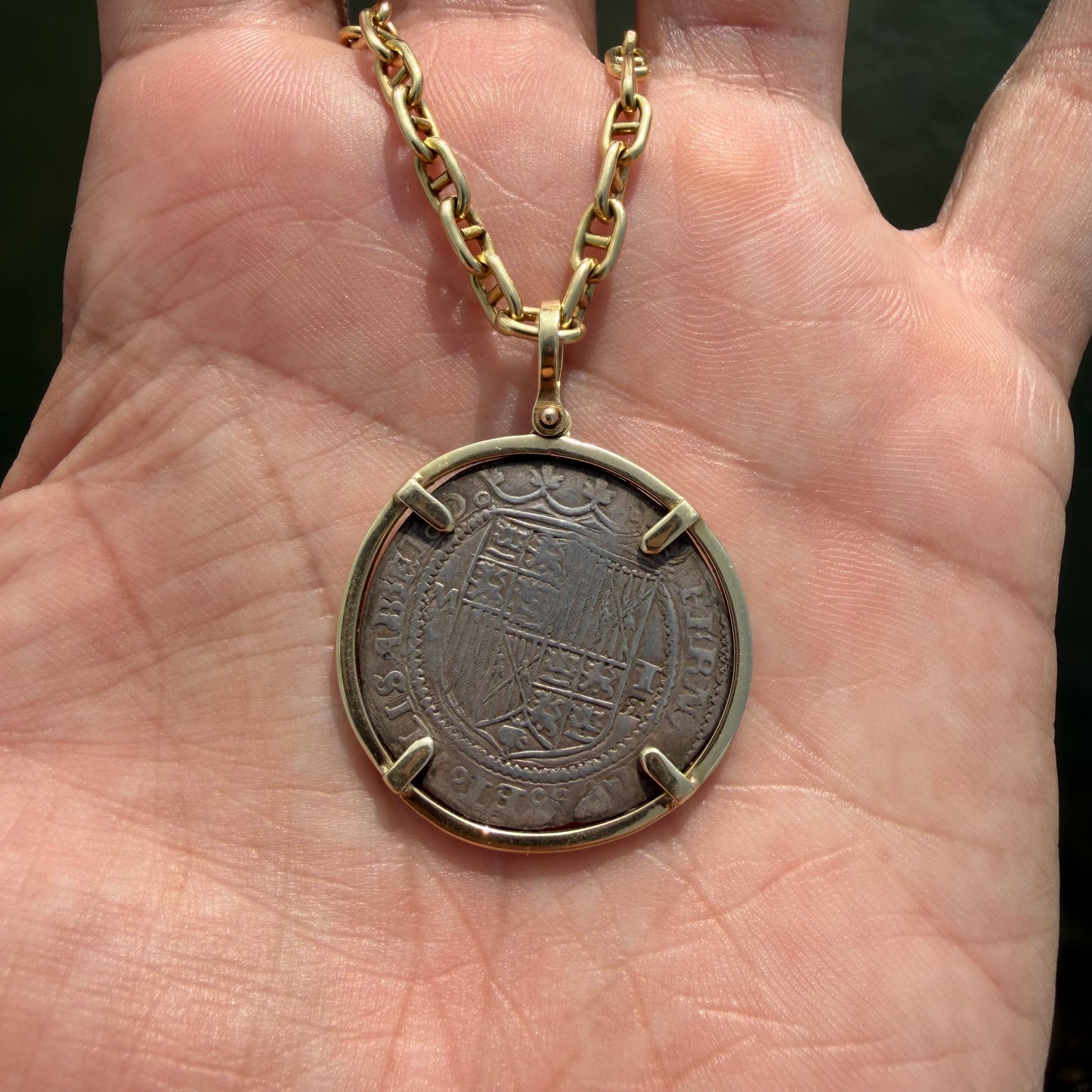 RARE 1474-1504 Silver Catholic Kings Seville 2 Reale Coin 14k Yellow Gold Pendant Retrograde R Counterstrike