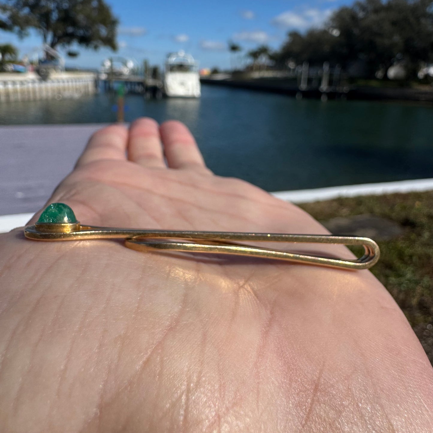 Mid-Century Tiffany & Co. Solid 14k Yellow Gold Natural Emerald Cabochon Pendant & Moneyclip