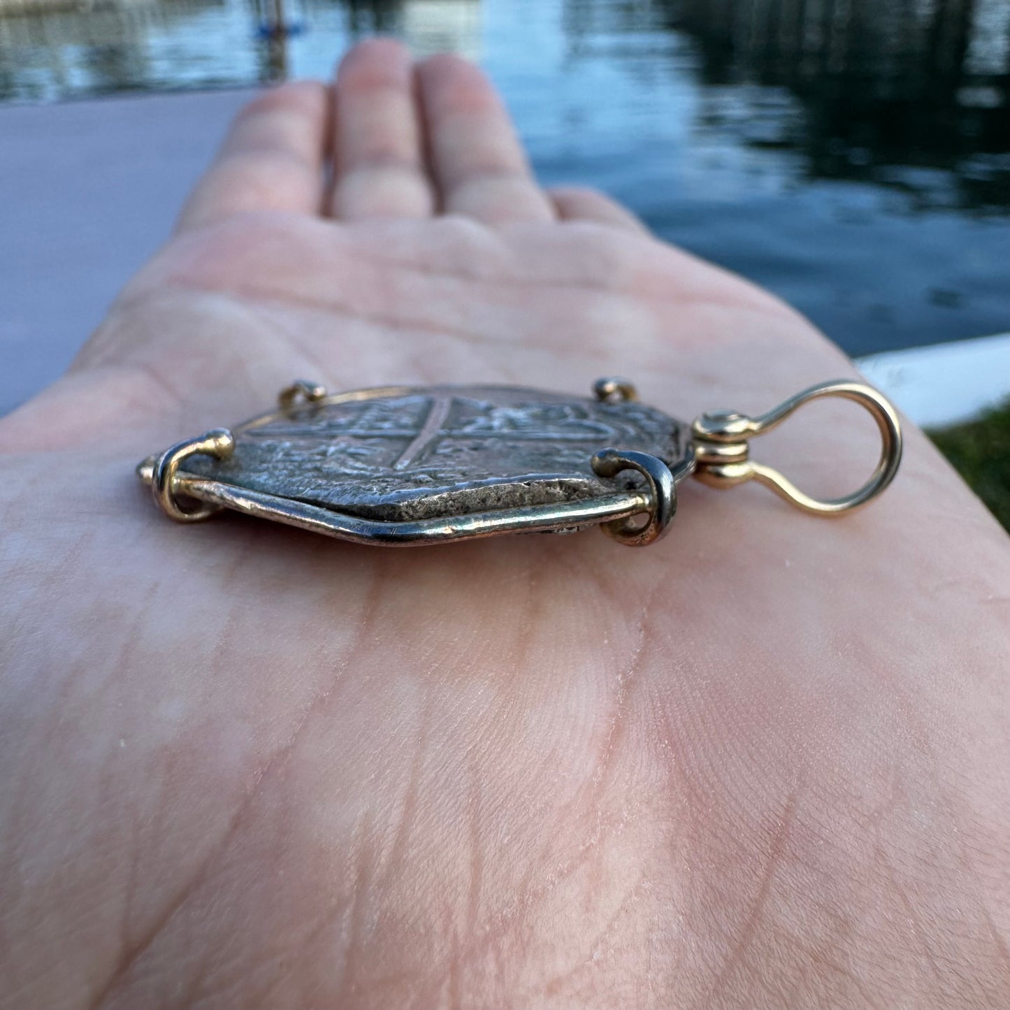 1600’s Philip III Silver 8 Reales Shipwreck Coin 14k Yellow Gold Pendant
